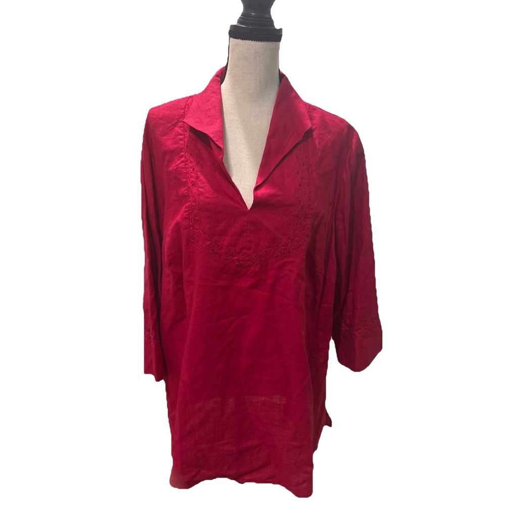 Edward Womens Irish Linen Split Neck Embroidered Top Blouse 2X Magenta